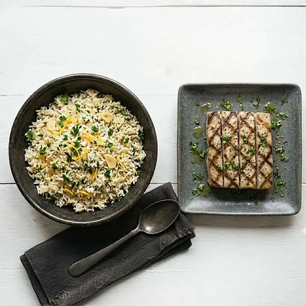 Grilled fish Steak with Lemon Garlic Rice